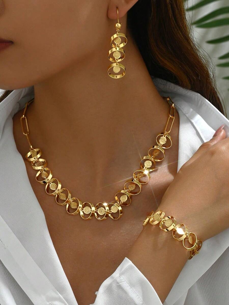 4pcs Elegant Vintage Personalized Fashion Banquet Jewelry Set, Necklace, Earrings, Bracelet - A - View 1