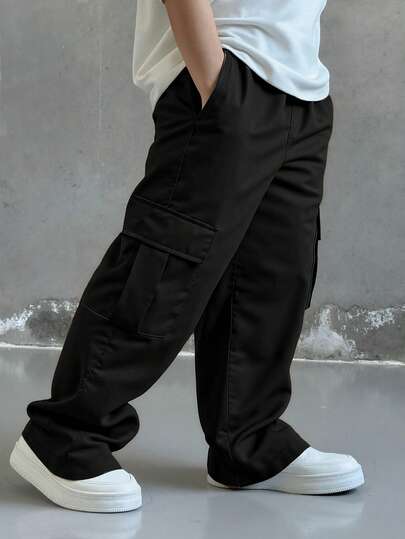 1 pieza Pantalones cargo rectos versátiles, casuales, cómodos, de estilo urbano chic para ir al colegio, vacaciones y uso diario, resistentes a la suciedad y de bolsillos múltiples para niños pequeños, primavera/verano/otoño/invierno