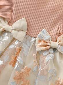 Vestido de Primavera y Otoño para Recién Nacida, con Tul y Bordado de Plantas y Flores - Rosa - Ver 6