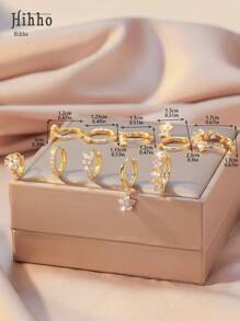 Hihho 10pcs/Set Simple Gold Hoop Earrings, Heart & Flower Design Earrings, Cute 5-Petal Flower Stud Earrings, Suitable For Girls' Daily Wear And Valentine's Day Gifts