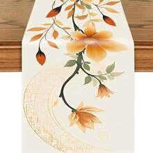 秋季花卉桌旗，奶油色背景上优雅的橙色花朵和叶子印花，秋季餐桌装饰，适合餐厅、秋季聚会和农舍家居装饰
