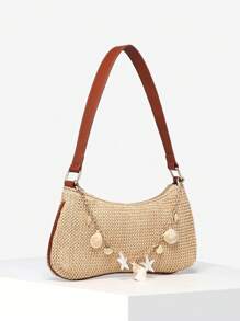 1 件女士复古度假海洋生物仿珍珠樱桃仿毛皮尾巴编织斜挎包腋下法棍包，适合约会、郊游、度假