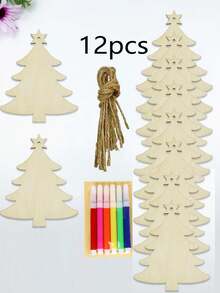 12pcs Unfinished Wooden Christmas Tree Ornaments, DIY Painting Craft Kit (Includes 10 Wood Slices, 1 Pack Of Colored Pens, 1 Bundle Of Jute Rope), Creative Hand-Painted Home Decor, Suitable For Halloween, Christmas, DIY Wood Painting, Wood Slices, Hotels, Restaurants, Family Gatherings, Holidays And Year-Round Decoration, Birthday Party Gifts