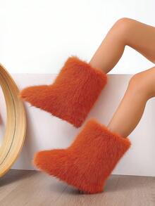 Women's Furry Faux Fur Boots Fuzzy Fluffy Mid Calf Snow Boots Suede Warm Fur Lined Booties Flat Fashion Boots - 橘色 - 查看 6