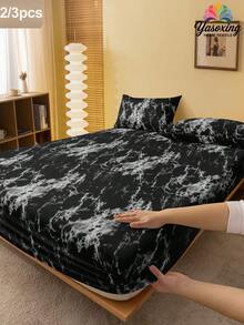 2/3 件套黑色大理石图案床笠套装（无填充物），卧室床笠套装，拉绒超细纤维透气舒适 1 件床垫套，带 1/2 件枕套，床罩套装，特大号双人床尺寸床笠套装，适用于卧室，拉绒宿舍床上用品，背部学校床上用品 - 黑色 - 查看 1