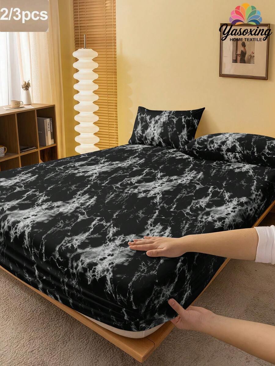 2/3 件套黑色大理石图案床笠套装（无填充物），卧室床笠套装，拉绒超细纤维透气舒适 1 件床垫套，带 1/2 件枕套，床罩套装，特大号双人床尺寸床笠套装，适用于卧室，拉绒宿舍床上用品，背部学校床上用品 - 黑色 - 查看 1