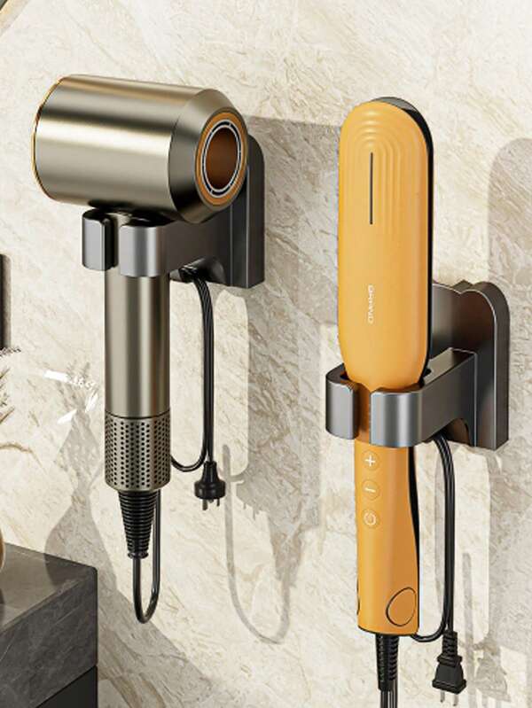 Suporte para secador de cabelo sem furadeira, suporte para secador de cabelo de parede para banheiro, organizador compacto para secador de cabelo, adequado para organização de banheiro, prateleira de armazenamento de parede, fácil instalação, ideal para espaços pequenos