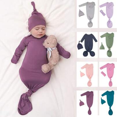 Camisón anudado para bebé recién nacido, saco de dormir suave y sedoso de manga larga para bebé niña y niño con gorro