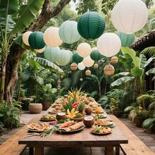 12/15 Stück elegante salbeigrüne Papierlampen, Boho Dschungel-Themen Party Dekoration, verschiedene Größen, Neujahrsdekoration, Neujahrsdekoration Lampen, geeignet für Hochzeiten, Feierlichkeiten, Babypartys, Outdoor-Events, Feiern, Geburtstage, Jahrestage, Abschlüsse - keine Rahmen, keine Elektrizität erforderlich, keine Federn, Papierlaternendekoration. - Verschiedenfarbig - Übersicht 12