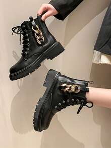 1 pereche de cizme elegante și la modă pentru adolescenți, confortabile și versatile, cu cataramă metalică și șireturi decorative, potrivite pentru exterior, petreceri, naveta - Negru - Vizualizare 5