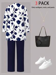 3 件大码女式休闲植物印花夹克开衫 + 圆领无袖上衣 + 松紧腰垂坠口袋直筒裤通勤套装，秋冬