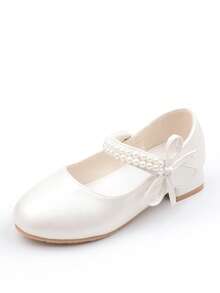 Girls Pearl Princess Shoes, White Leather Shoes, Mid-Heel, Spring/Autumn