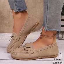 秋冬新款大码百搭圆头一脚蹬乐福鞋,舒适防滑休闲驾车鞋,手工拼布纯色平底鞋,适合日常通勤、购物、度假,卡其色皮革搭配蝴蝶结装饰,简约女士休闲鞋,女士运动鞋 - 卡其色 - 查看 3