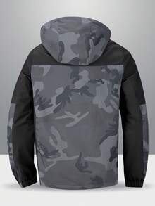 MAISONFOX Boyfriend Style Men's Camouflage Print Drawstring Hooded Sports Jacket, Casual Everyday Camouflage Zip-Up Hooded Going Out Street Wear Long Sleeve Jacket, For Friends, Husband, Boyfriend Gifts, Fall - Grey - View 2