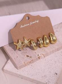 6-18 piezas Pendientes de moda de la serie Océano Dorado con estrellas de mar y elementos geométricos, adecuados para uso diario, regalo para familia, novia, amigos, vacaciones