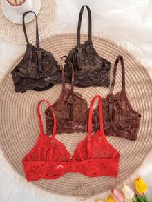 3件装女士纯色蕾丝薄杯钢圈舒适文胸 - 彩色 - 查看 2