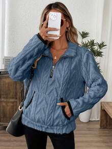 Top en tissu tricoté moelleux grande taille pour femmes, manches longues régulières, col montant avec fermeture éclair et détails de poche, étirement moyen