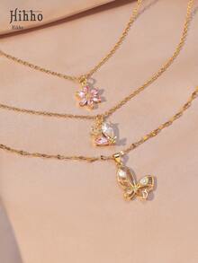 Hihho 3 件套优雅时尚百搭锆石水晶镶嵌蝴蝶、心形、花朵组合吊坠项链套装，适合女士日常佩戴、节日聚会、礼物 - 金黃色 - 查看 5