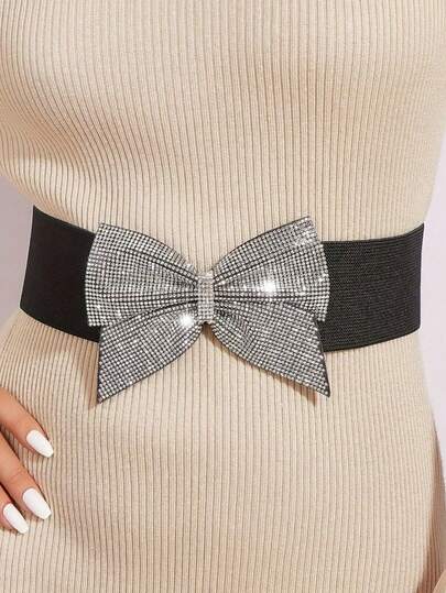 1pc Solid Color Elastic Waistband With Rhinestone Bowknot, Wide Wedding Party Dress Belt, Suitable For Women Sparkly Tight Tops, Versatile For Daily Wear, Christmas Gift, All Year Round Fall, Autumn, Halloween