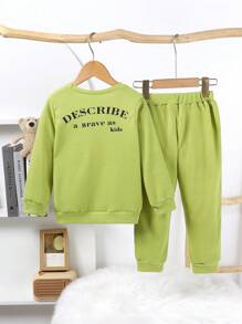 Conjunto casual de 2 piezas de Top de manga larga con estampado de letras y pantalones con cordón para niños/as pequeños/as, adecuado para uso diario y actividades al aire libre