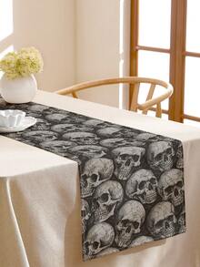 1pc Halloween Skull Print Linen Table Runner, Suitable For Holidays, Parties, Birthdays, Dinners, Kitchen & Dining Room Decor, Shoe Cabinet Cover, All Season Home Decor - Multicolor - View 6