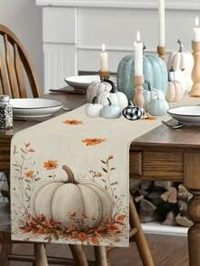 1pc/10pcs Autumn Pumpkin Pattern Table Runner, Thanksgiving Table Runner, Harvest Festival Decor, Farmhouse Style, Linen-Like Material, 33*91CM/33*183CM/33*274CM, Suitable For Home, Kitchen, Party Decoration, Pumpkin Theme - Multicolor - View 1