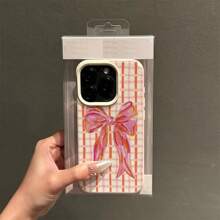 1个TPU材质可爱蝴蝶结格子图案手机壳，兼容苹果/，粉色