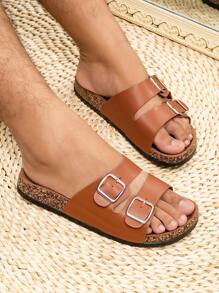 Men's Casual Simple Solid Color Buckle Flat Heel Set Wearing One Line Slippers, Suitable For Teen Summer Casual Or Outdoor Athletic Or Vacation Travel Or Graduation Gifts Or Birthday Dress Accessories