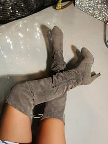 Women's Cone Heel Thick Heel Over-The-Knee Boots, Pleated Pointed Toe Slouch Boots, Versatile Autumn Grey Tall Boots,High Heels - Grey - View 6