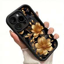 Estuche de teléfono móvil con diseño de flor dorada, decorado con hojas elegantes y fondo negro, compatible con modelos de for  16, 15, 14, 13, 12, 11 Pro, material TPU, protección contra golpes.Es un regalo genial para familiares, amigos, niños, cumpleaños, festival de primavera, vacaciones, novios, novias y Día de San Valentín. - Blanco - Ver 1