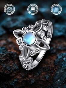 1 Stück S925 Sterling Silber Mondstein Hexenknoten Ring, Schmuck für Frauen, geeignet für tägliche Dekoration, Osterdekoration, Musikfestival Dekoration, Ostergeschenk, Weihnachtsgeschenk, Hochzeitsgeschenk, kommt mit Geschenkbox