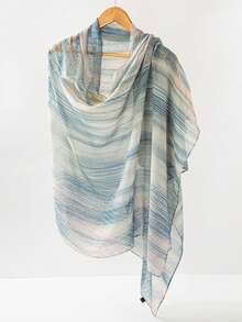 1 件女士时尚简约条纹渐变褶皱流苏涤纶围巾，休闲百搭头巾防风防晒披肩 - 彩色 - 查看 20