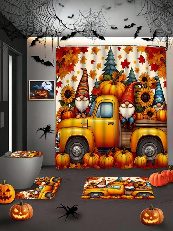Autumn Pumpkin Shower Curtain Set, Includes Non-Slip Rug, Toilet Lid Cover, Bath Mat, And 12 Hooks - Woven Polyester, Waterproof, Dry Clean Only Bath Decor Accessories