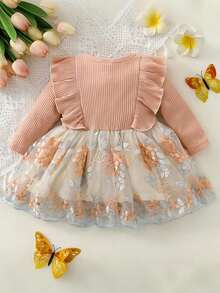 Vestido de Primavera y Otoño para Recién Nacida, con Tul y Bordado de Plantas y Flores - Rosa - Ver 2