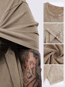 1 PCS "FAITH OVER FEAR" Creative Pattern Printing Heavy 230g Pure Cotton Oversized Drop Shoulder T-Shirt, Spring/Summer/Fall Men Clothes, Regular Fit Shirt,  Halloween & Christmas & Thanksgiving Day & Valentine's Day & Pride & Father's Day & Easter & Mother's Day & New Year & Spring Festival, Men's Round Neck Printed Short Sleeve Casual Everyday T-Shirt, They Are Excellent Gifts For Friends And Family, 230g 100% Cotton T-Shirts Feature, A Youthful And Fashionable Design, Graphic Tees Men, Graphic Tees Women, Back To School Shirt, College Essential - 咖啡棕 - 查看 4