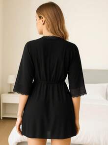 Hobby Lace Detail Nightgown Iza Luxurious Robe - 黑色 - 查看 2