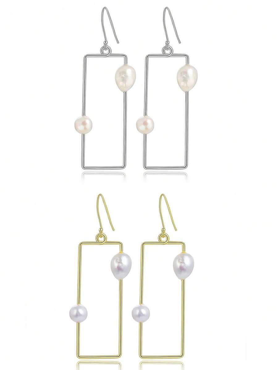 1 Pair Handmade 925 Sterling Silver Natural Baroque Pearl Geometric Rectangle Earrings, Elegant & Unique, Suitable For Women Casual & Work Wear - Rectangular Baroque Pearl Earrings - View 1