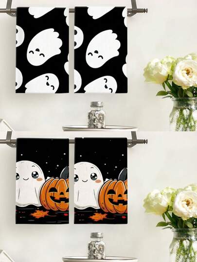 Serviettes de toilette décoratives, chiffons de cuisine, chiffons de nettoyage, serviettes, mouchoirs, serviettes décoratives pour Halloween avec fantômes et citrouilles - Accents parfaits pour la cuisine et la salle à manger, convient pour la cuisine, la salle à manger, l'hôtel, les fêtes