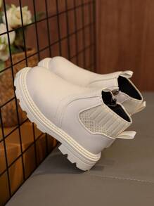 1 双幼儿/儿童柔软舒适弹性面料 + PU 皮革靴子，保暖衬里拉链设计圆头软底，简约英伦风格男童女童踝靴，适合室内、室外、学校、秋冬