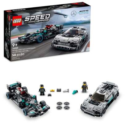 LEGO Coches de juguete Speed Champions Mercedes-AMG F1 W12 E Performance y Mercedes-AMG Project One, kit de construcción de modelo de coche deportivo, juguete de coche de carreras coleccionable, regalo para el primer día de clases para niños y adolescentes, 76909 Regalos de invierno