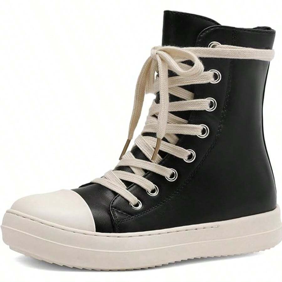 Men's Thin Shoelaces, Round Toe Shoes, High-Top Casual Shoes, Minority Retro Thick-Soled Skateboard Shoes. - 黑色 - 查看 1