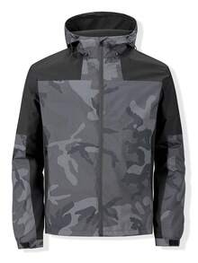 MAISONFOX Boyfriend Style Men's Camouflage Print Drawstring Hooded Sports Jacket, Casual Everyday Camouflage Zip-Up Hooded Going Out Street Wear Long Sleeve Jacket, For Friends, Husband, Boyfriend Gifts, Fall - Grey - View 10