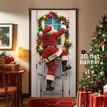 1 pieza 90cm x 180cm Pancarta decorativa de Feliz Navidad, Cubierta de entrada divertida de Papá Noel, Material de poliéster duradero, Adecuado para decoración de fiesta de Navidad, invierno, Año Nuevo, decoración de pared