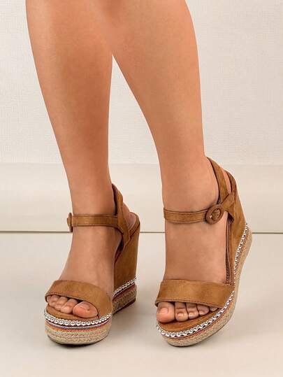 Summer New Wedge Woven Pearl Sandals Platform Shoes One-Piece Strap Fairy Style Fashionable Wedge Sandals
