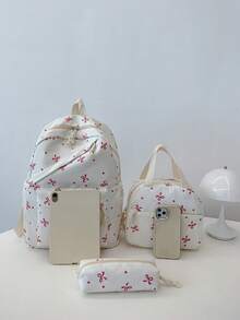 3 Pcs Back To School Backpack Set - Stylish Large Capacity Backpack&Lunch Bag& Pencil Case Multi-Pack,With Laptop Compartment Bow Pattern Nylon Backpack Featuring Adjustable Straps Spacious Multi-Pockets - Lightweight Portable Zipper Bags For Students/Teens/Graduates Perfect For Outdoor/Travel/Middle School/High School /College, Cute Bow Backpack, Bags For University, University Essentials