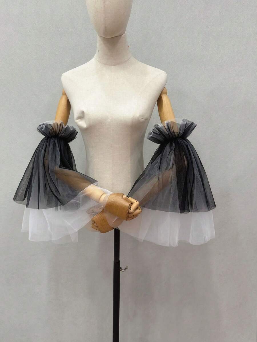 1 Pair Black & White Mesh Colorblock Petal Sleeve Arm Covers, Elastic Long Bridal Sleeve Covers - Multicolor - View 1