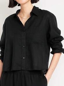 Women's Casual Solid Color Long Sleeve Shirt Black Spring - Black - View 9