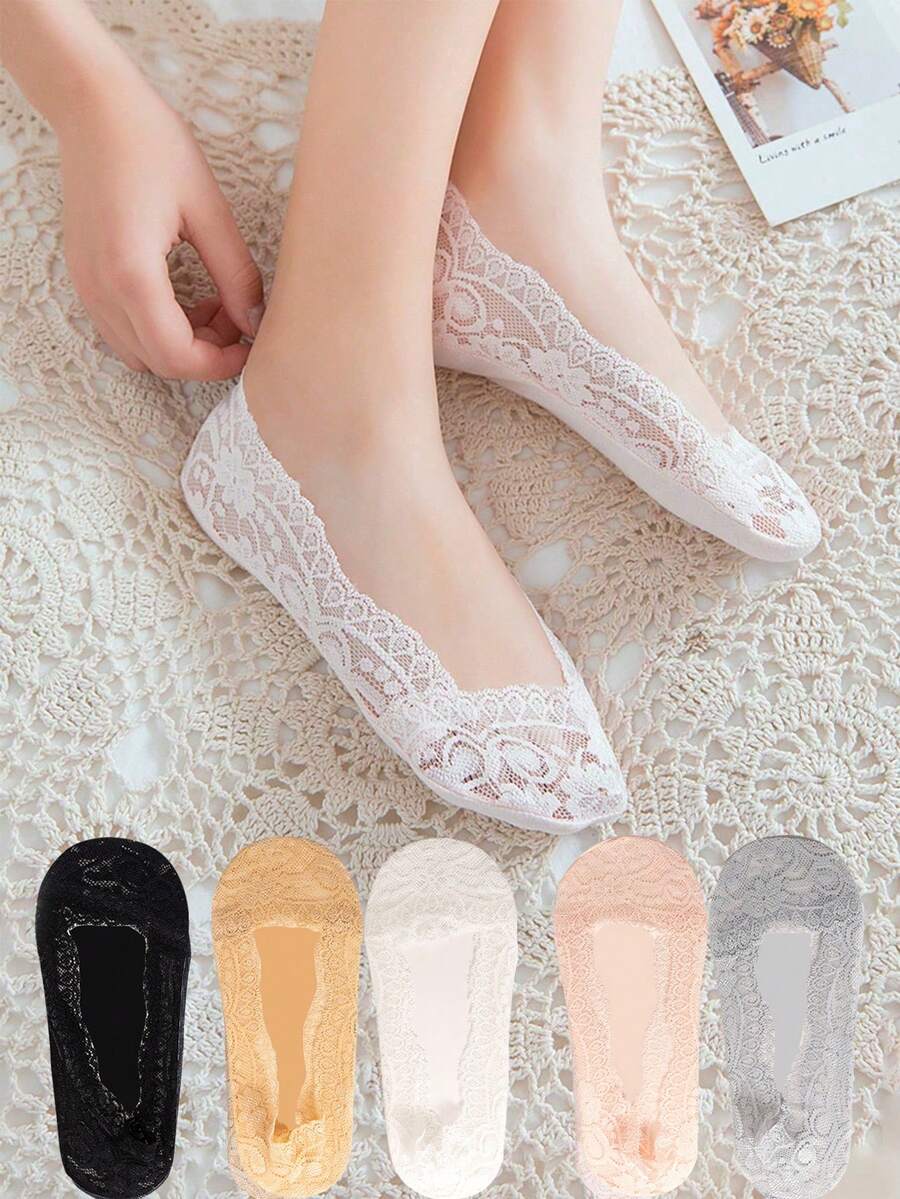 5對/批女士襪子踝短筒不露腳夏季薄款套裝白色低口船襪帶蕾絲硅膠防滑 - 彩色 - 查看 1