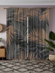 2 件高品质植物叶数码印花窗帘，可机洗，适用于卧室、客厅和餐厅 - 带杆套、隔热、半遮光、家居装饰窗帘