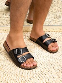 Men's Casual Simple Solid Color Buckle Flat Heel Set Wearing One Line Slippers, Suitable For Teen Summer Casual Or Outdoor Athletic Or Vacation Travel Or Graduation Gifts Or Birthday Dress Accessories